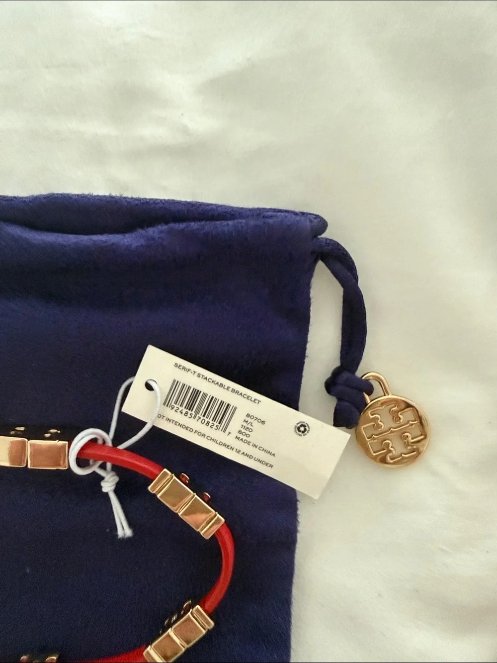 Tory Burch Red Leather Bracelet with Gold Logo Links